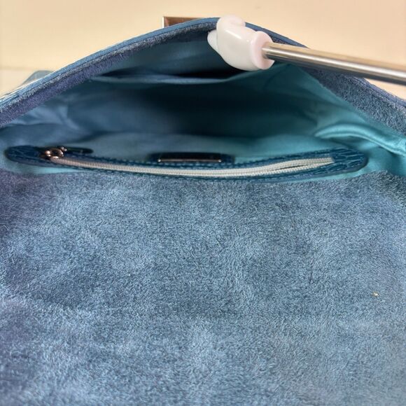 Claudia Firenze Teal Leather Croc-Embossed Handbag Rope Handle Chic Purse Italy - Picture 15 of 16